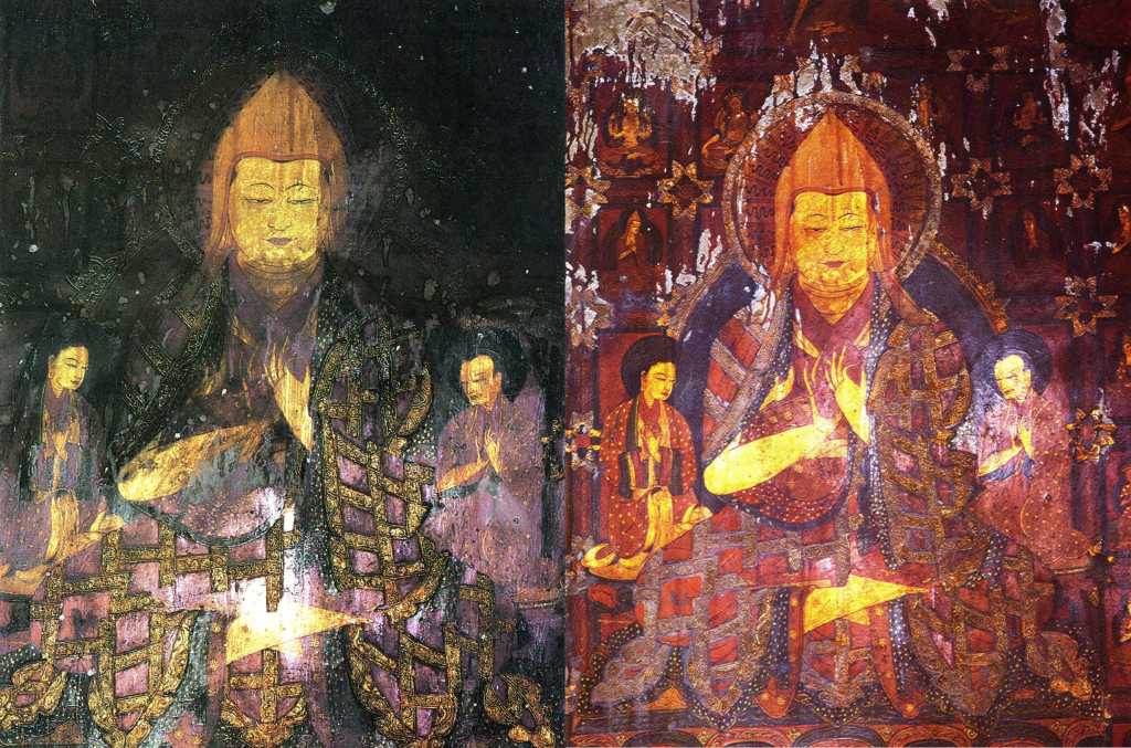 Tibet Guge 05 Tsaparang 04 Chapel Of The Prefect Atisha The main painting on the back wall of the Chapel of the Prefect shows Shakyamuni flanked by Tsongkhapa on the left and Atisha on the right, both wearing the typical Gelugpa headdresses. Here is the painting of Atisha showing its initial state and after it has been cleaned. Atisha (982-1054 AD) was a great Indian Buddhist Master who came to Tibet 1042 and revived the teachings of Buddhism and purified them from misunderstandings. Older photo: Weyer/Aschoff: Tsaparang, Tibets Grosses Geheimnis (1986), newer photo: Aschoff: Tsaparang - K�nigsstadt in Westtibet (1997).